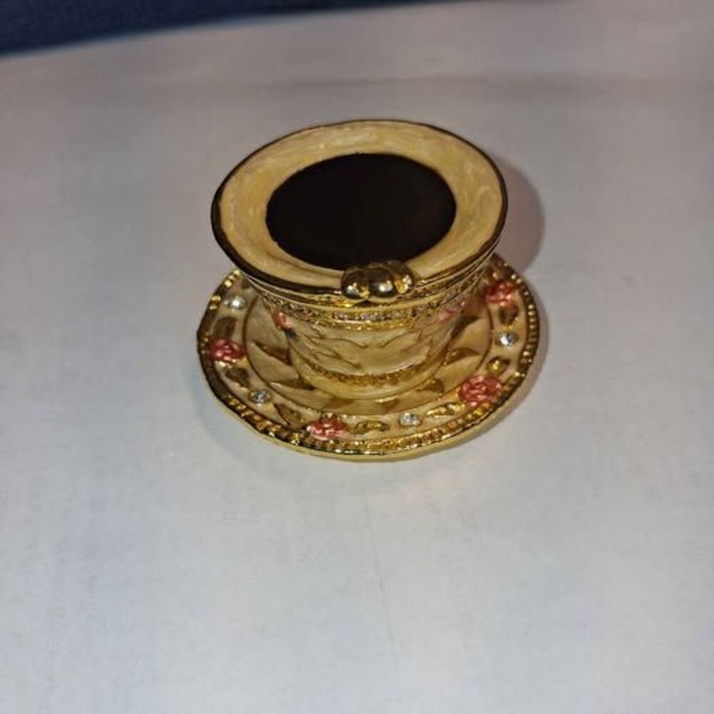 Gold Teacup Trinket Box with Roses and Rhinestones